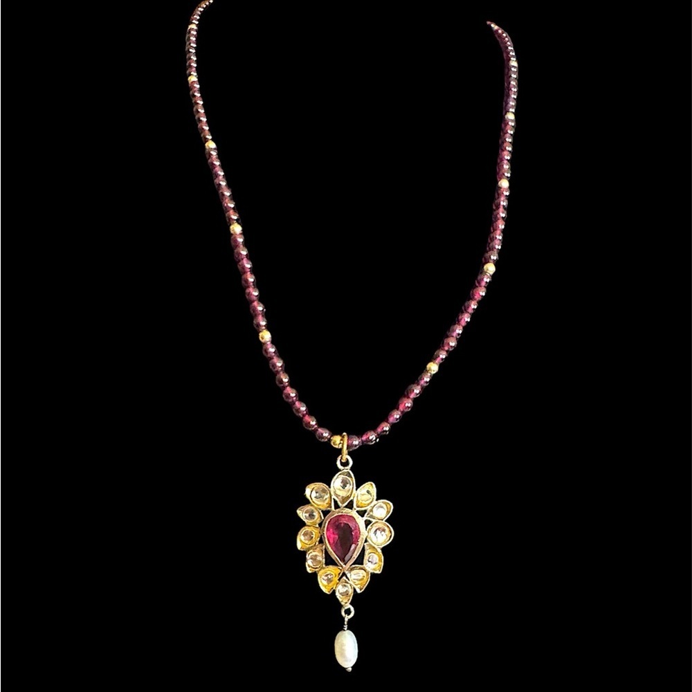 Gold Filled Bezel Set Garnet & Pearl Pendant Estate Necklace